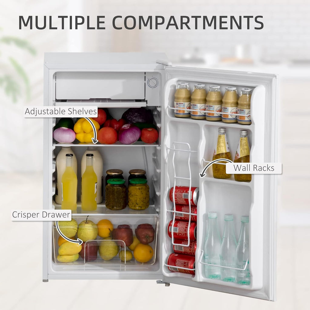 HOMCOM 3.2 Cu.Ft Mini Fridge with Freezer, Compact Refrigerator with Adjustable Thermostat, Shelf and Single Reversible Door for Bedroom, Dorm, Home Office, Energy Efficient, White