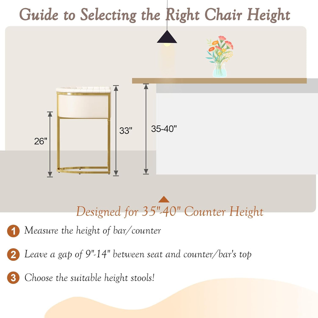 26" H Counter Height Bar Stools Set of 3, Modern Barrel Counter Stools with Backrest and Arms, Faux Leather Upholstered Accent Barstools for Kitchen Island, Gold Metal Frame/Ivory White