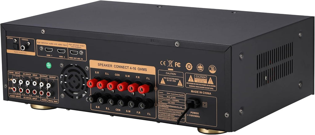 Stereo Receivers,5.1 Channels Audio Amplifier with HDMI,Optical/Coaxial,Bluetooth/USB,RCA,AC-3 Input,Subwoofer Output for Karaoke,Home,Theater Speakers(Non-Dolby/DTS)