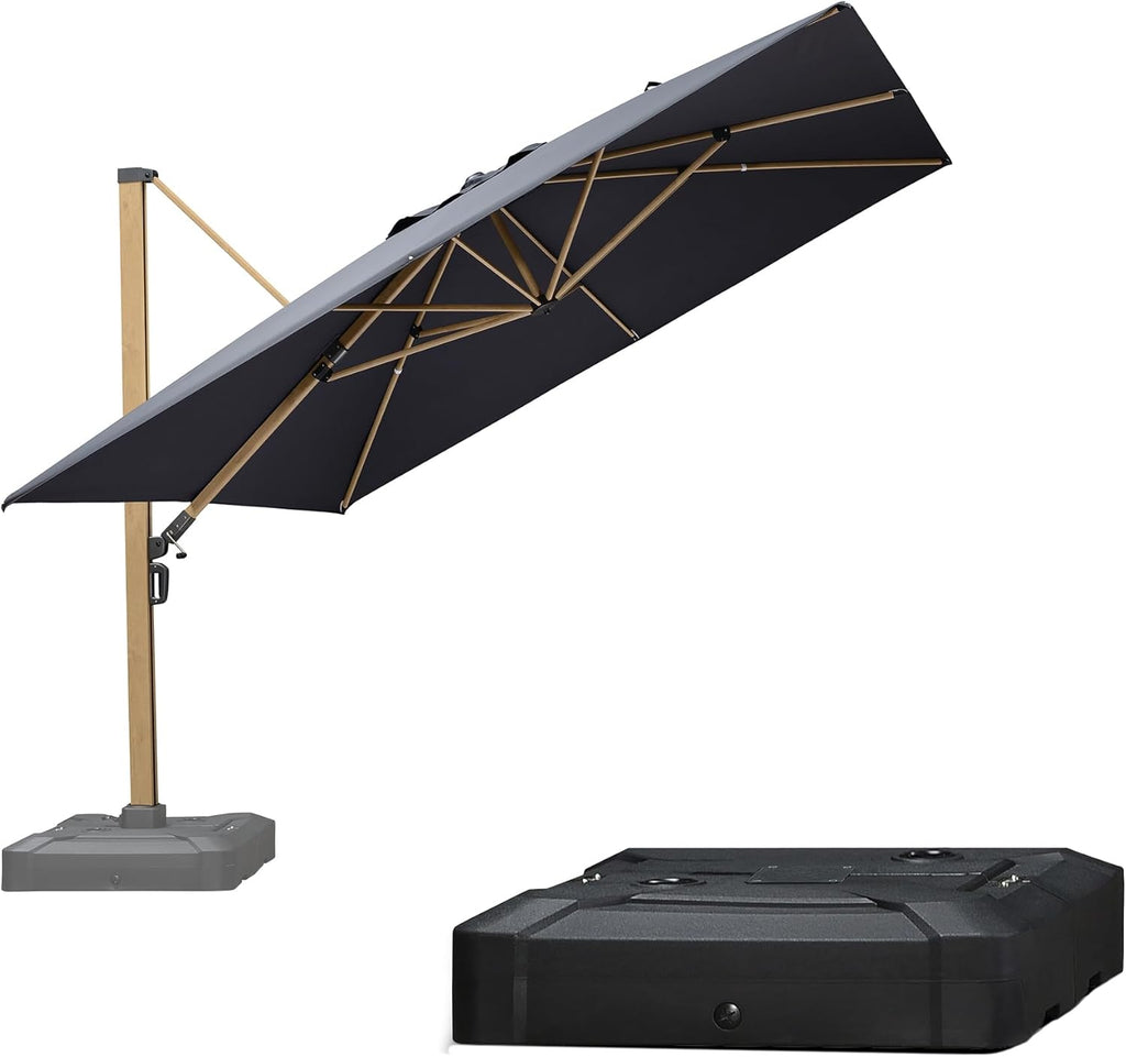 PURPLE LEAF 11FT Patio Umbrella With Base Square Cantilever Umbrella Teak Finished Aluminum Frame Large Windproof Offset Outdoor Sun Umbrellas for Beach Pool Deck, Grey