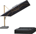 PURPLE LEAF 11FT Patio Umbrella With Base Square Cantilever Umbrella Teak Finished Aluminum Frame Large Windproof Offset Outdoor Sun Umbrellas for Beach Pool Deck, Grey