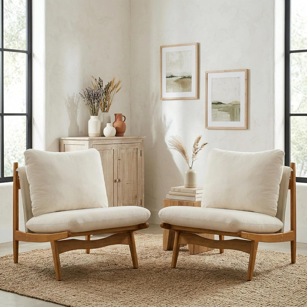 Christopher Knight Home Vista Low Profile Accent Chair Set of 2 with Removable Cushion, Solid Wood Armless Lounge Chair, Fabric Comfy Reading Chair for Bedroom, Beige+Natural