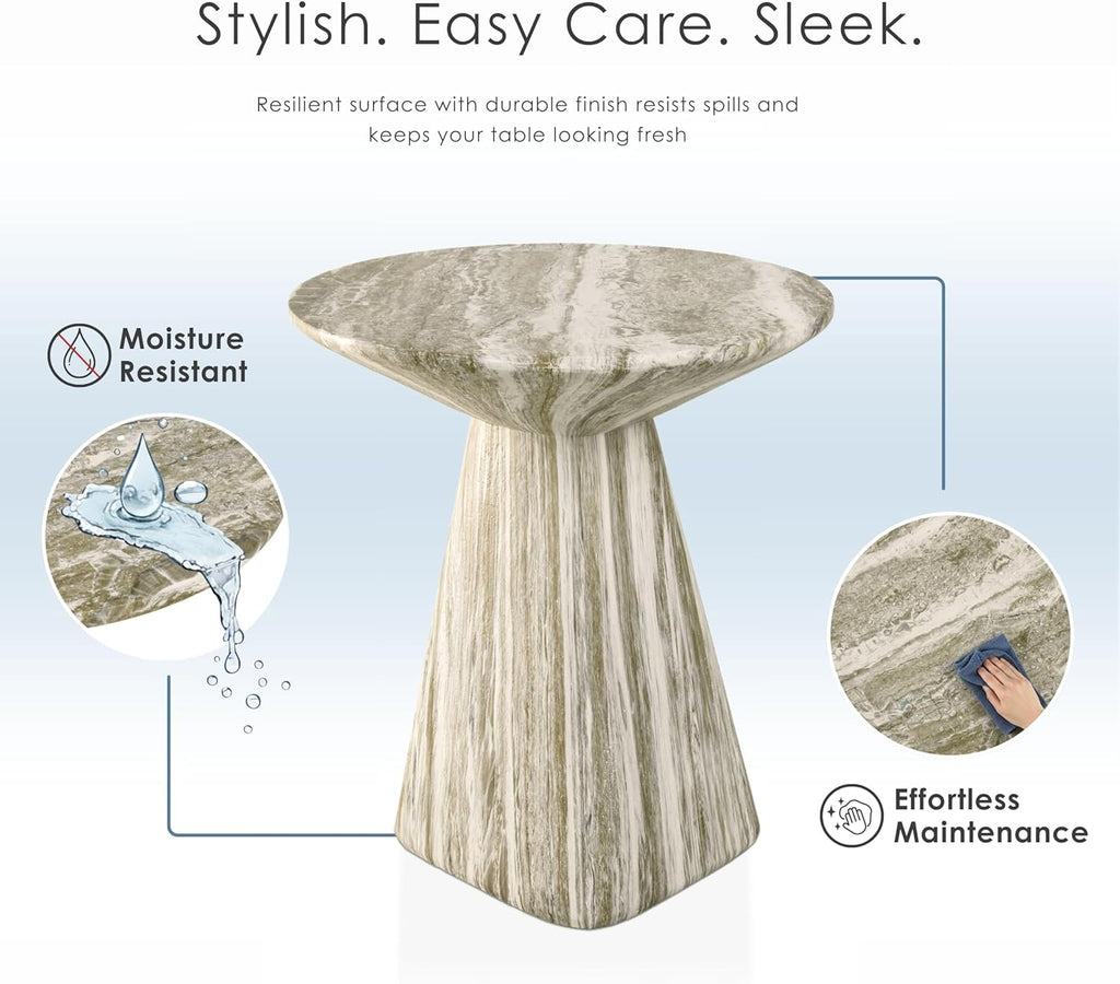 24/7 Shop at Home Ranera Modern 18-inch Natural Stone Side Table with Angular Pedestal Base, Marble Nightstand, Geometric Patio End Table, for Living Room, Covered Outdoor Spaces, Gray Travertine