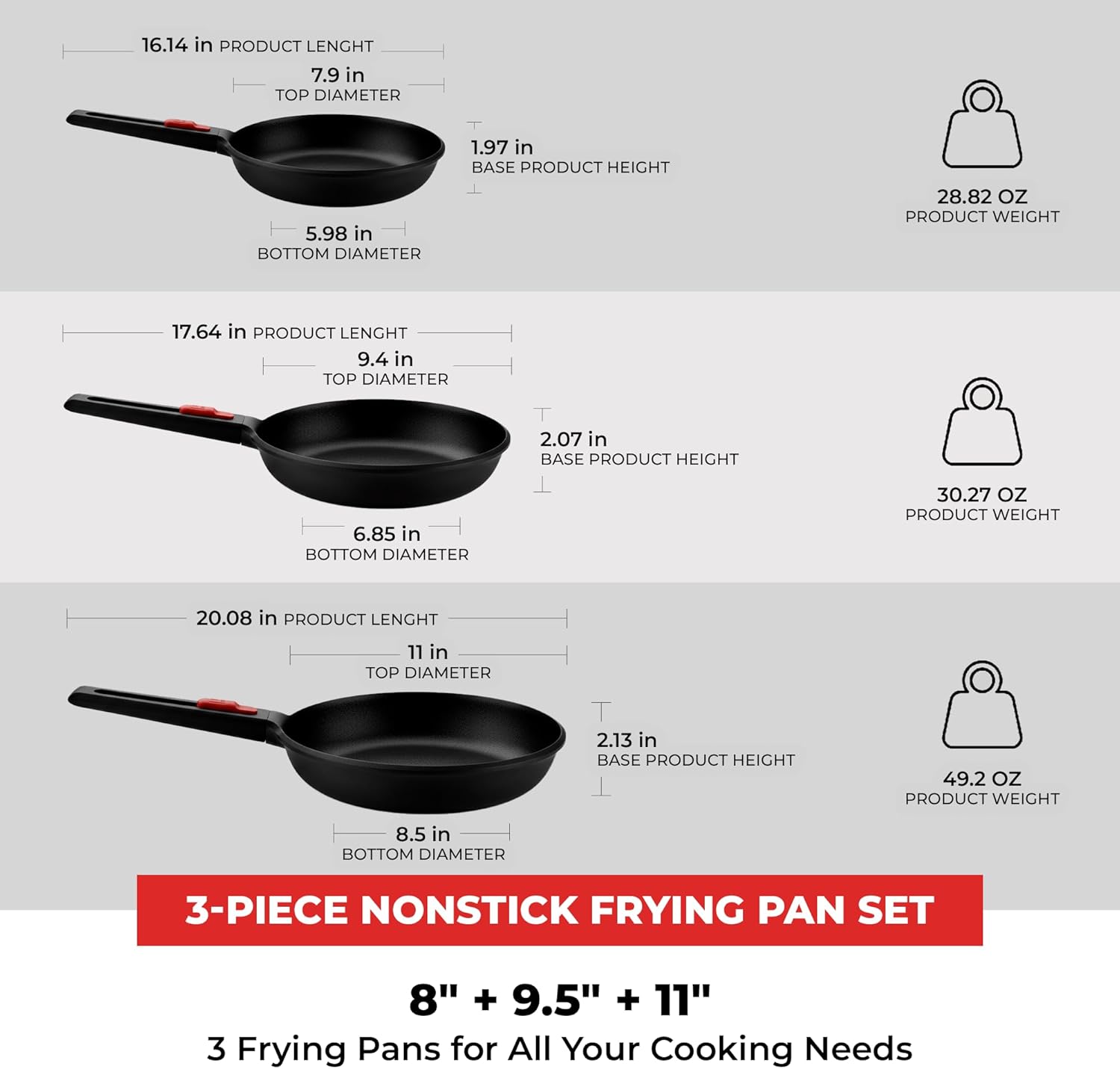 BRA COOKWARE Infinity 3-Piece Nonstick Frying Pan Set | 8, 9.5 & 11 Inch Cast Aluminum Skillet Set | Removable Handle | PFOA/PFAS Free Fry Pans | All Cooktops incl. Induction | Oven Safe Skillets