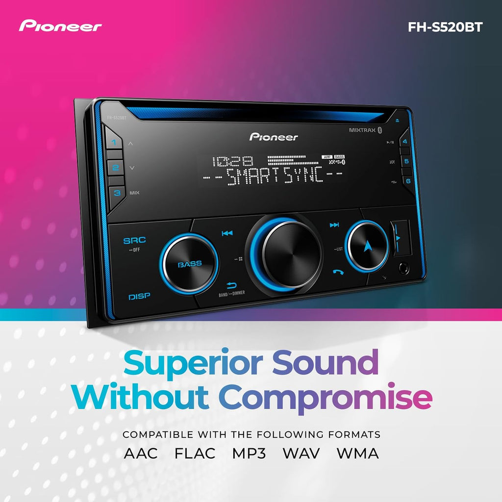 Pioneer FH-S520BT Double Din CD Receiver – Bluetooth, USB/AUX, FLAC, AM/FM Radio, 13-Band EQ, 50W x 4, Voice Control, Front, Rear/SW Selectable RCA Preouts