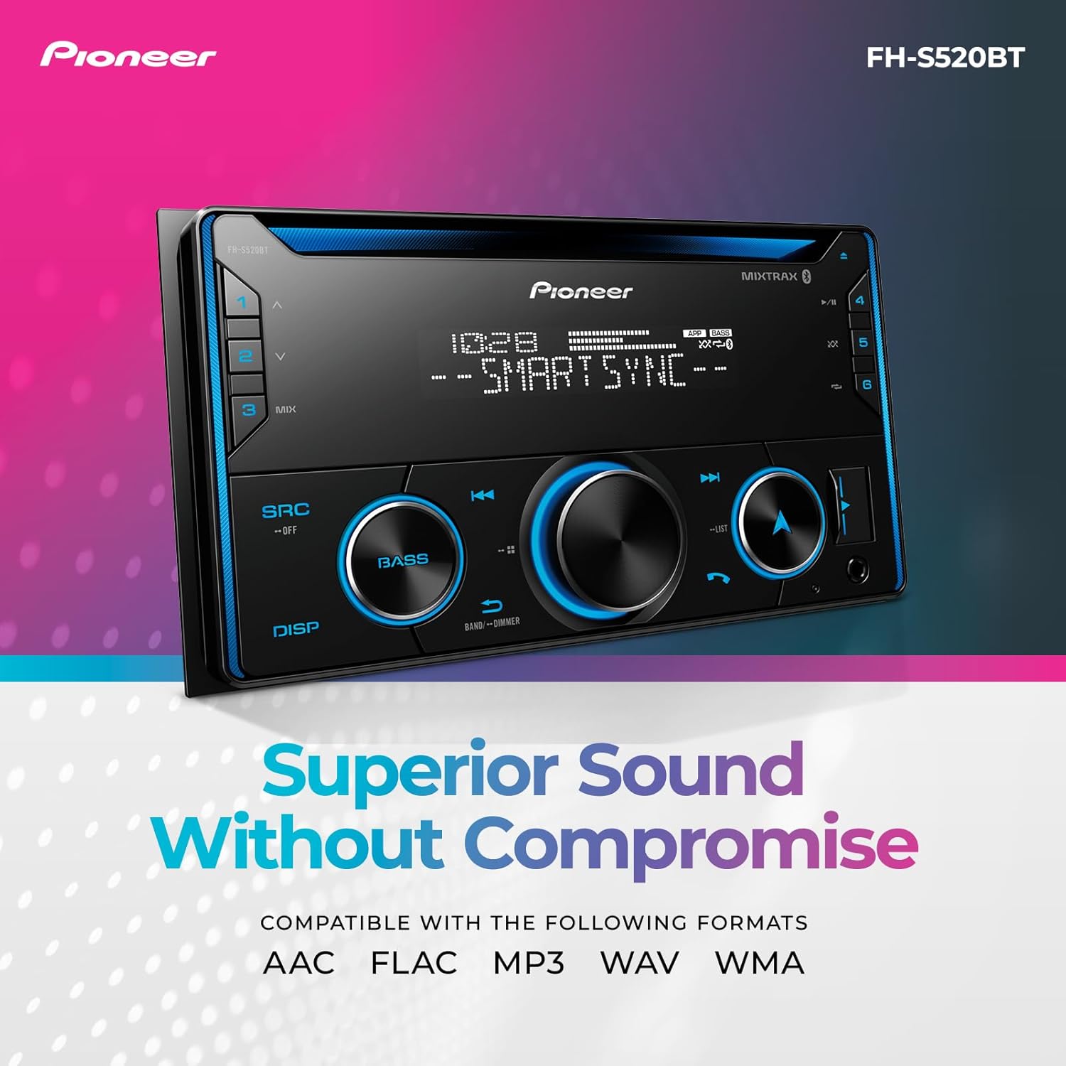 Pioneer FH-S520BT Double Din CD Receiver – Bluetooth, USB/AUX, FLAC, AM/FM Radio, 13-Band EQ, 50W x 4, Voice Control, Front, Rear/SW Selectable RCA Preouts