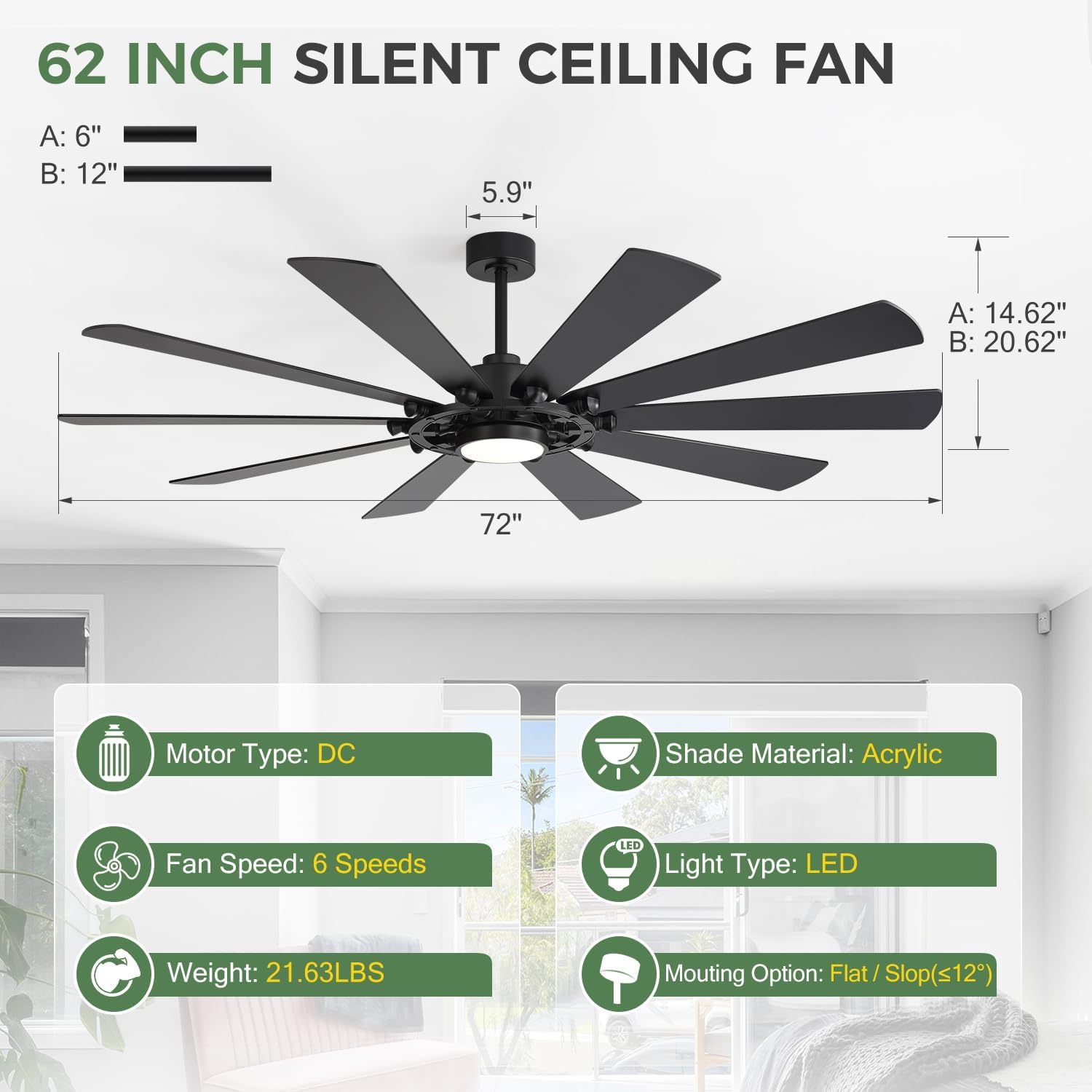 72-Inch Large Room Ceiling Fan with LED Light, 10-Blade Industrial Windmill Fan, Quiet DC Motor with Remote Control, Modern Downrods Mount Ceiling Fan for Great Room, Living Room, Bedroom, Shop