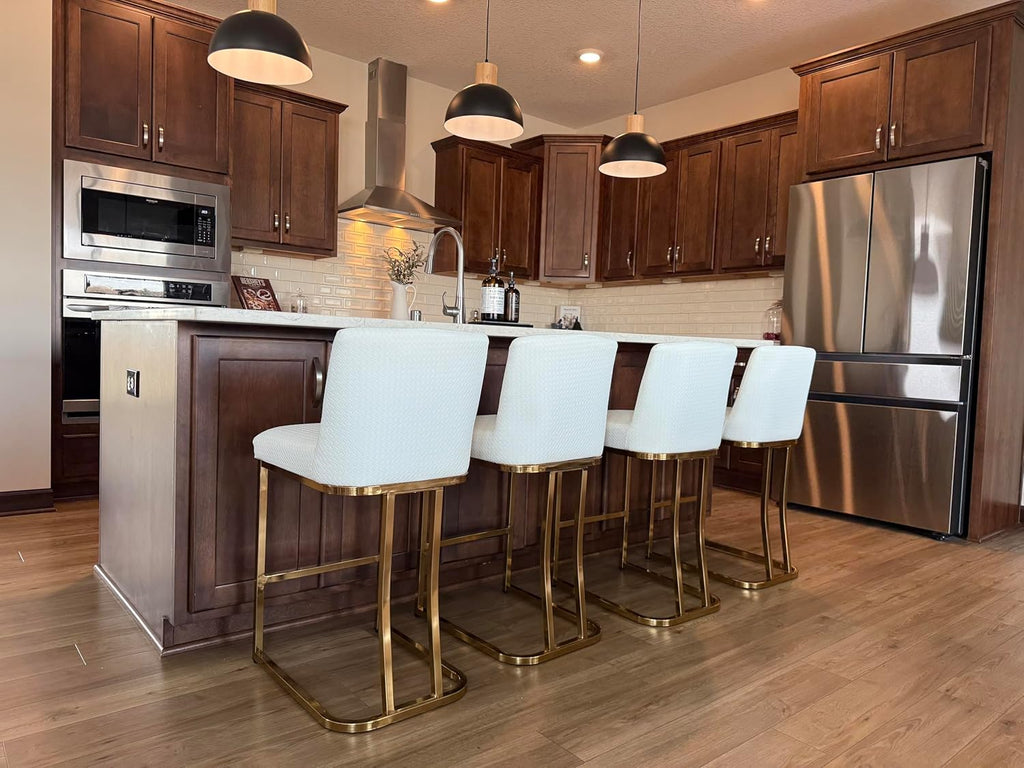 ALPHA HOME Counter Stools with Backs, 24 inch Bar Stools for Kitchen Island, Upholstered PU Leather Bar Chair with footrest, Great for Coffee Shop, Kitchen, Dining Room, White&Gold