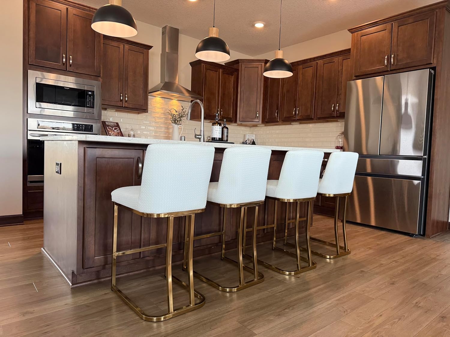 ALPHA HOME Counter Stools with Backs, 24 inch Bar Stools for Kitchen Island, Upholstered PU Leather Bar Chair with footrest, Great for Coffee Shop, Kitchen, Dining Room, White&Gold