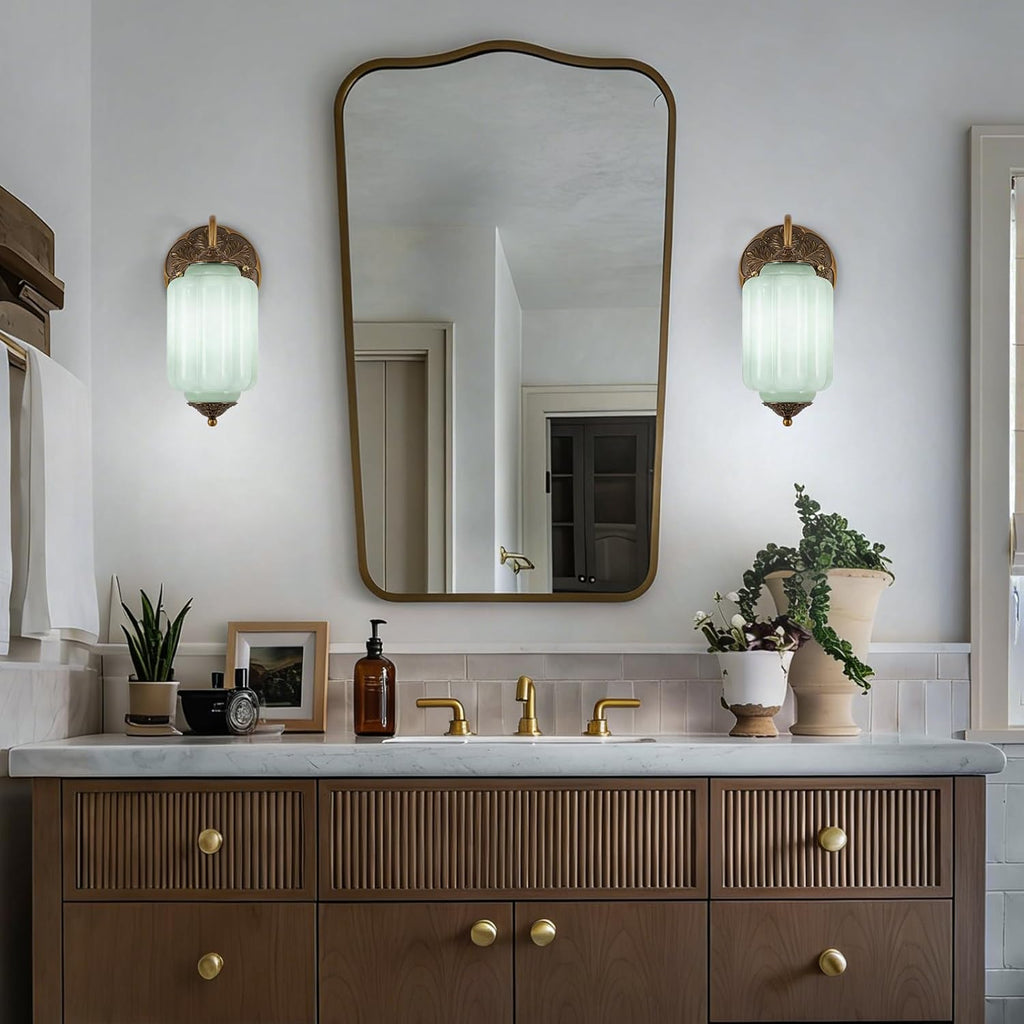 Vintage Gold Milk Glass Wall Sconce, Wall Light Set of Two - Vintage Green Shade & Brass Finish Base, Indoor Hardwired Wall Lighting Fixture for Foyers, Bedroom, etc (Bulbs Included)- Green