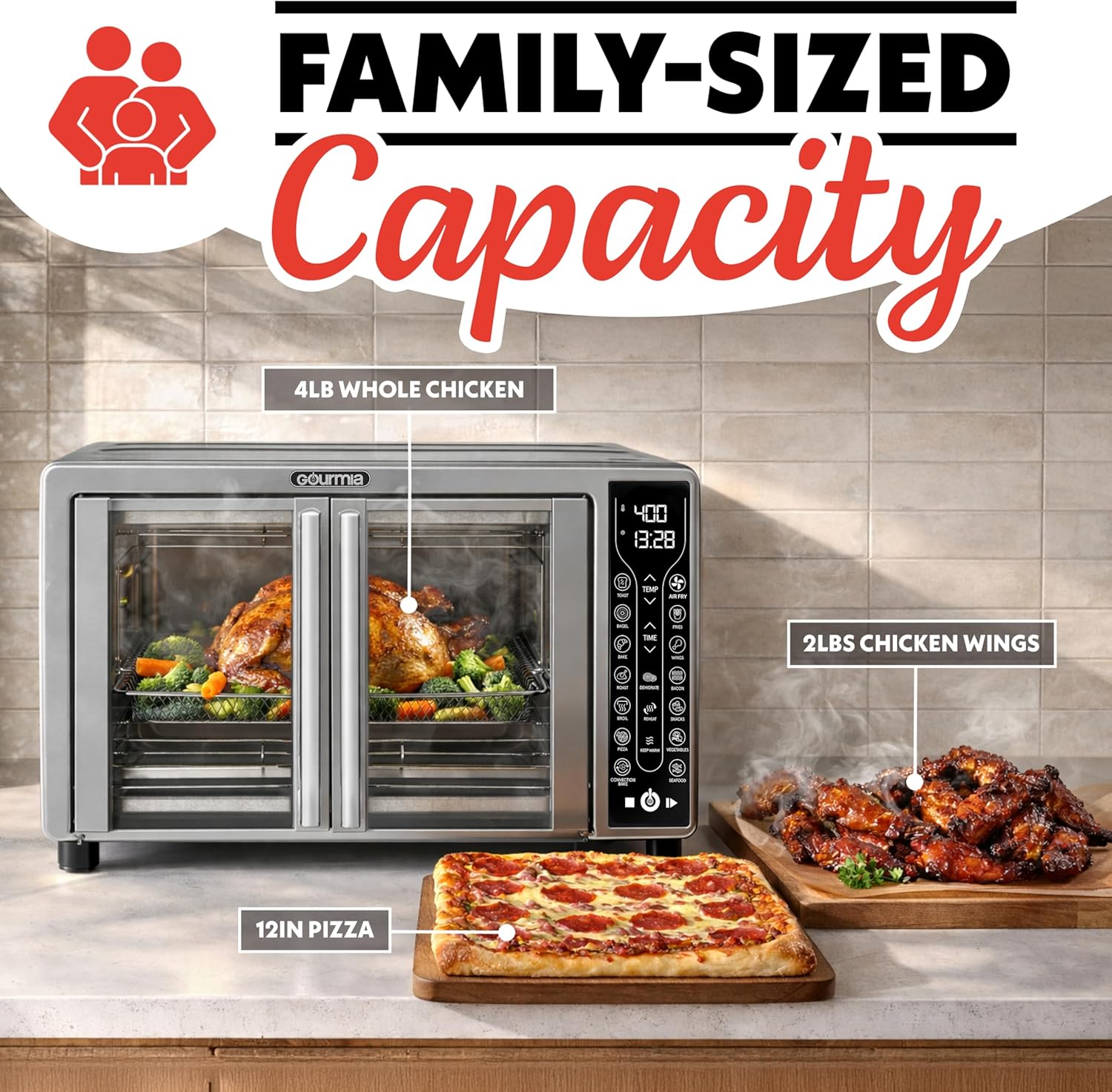 Gourmia French Door Air Fryer Toaster Oven – 6-Slice Capacity, FryForce 360°, Digital Display with 17 Cooking Presets, Stainless Steel