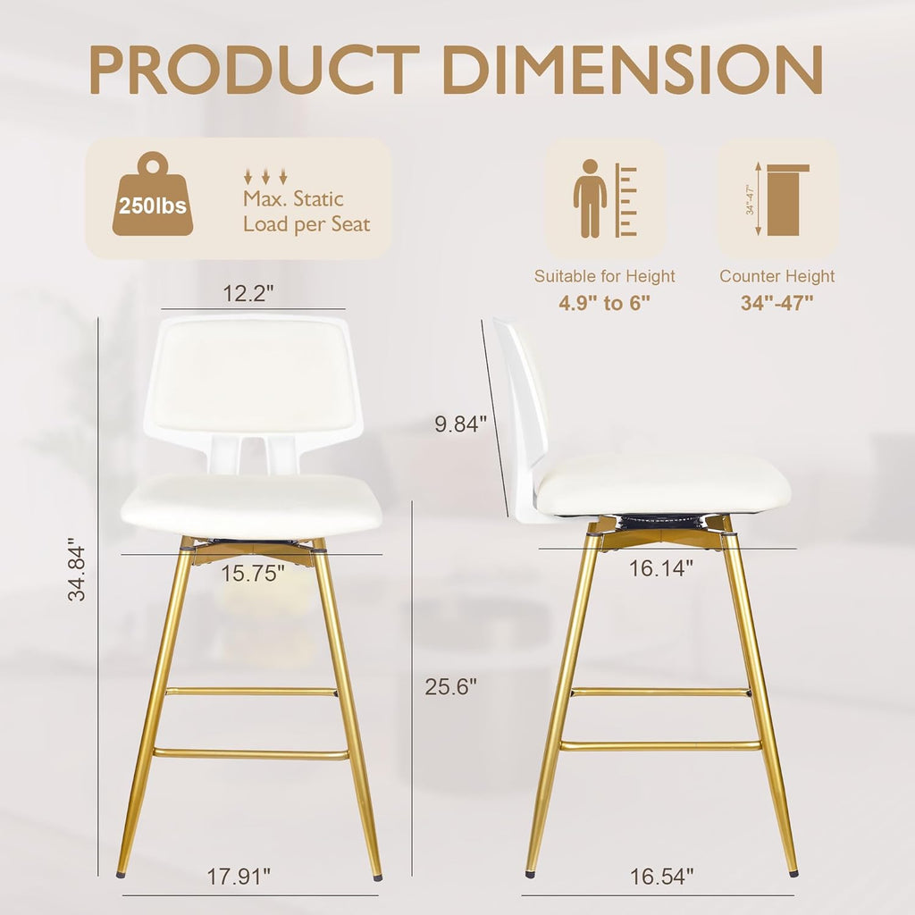 VECELO Swivel Upholstered Bar Stools Set of 4, Counter Height Barstools with Back, Metal Legs, 35.2-Inch Tall Barstools for Kitchen Island, Home Bar, Cafe, White