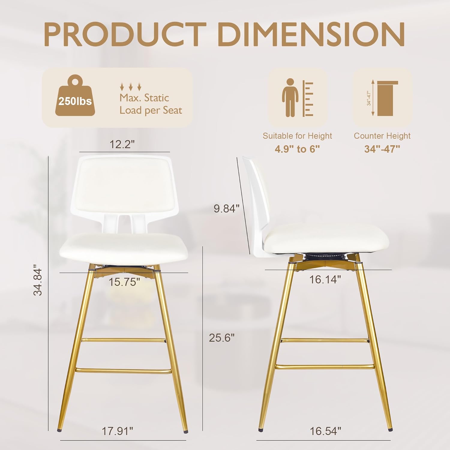 VECELO Swivel Upholstered Bar Stools Set of 4, Counter Height Barstools with Back, Metal Legs, 35.2-Inch Tall Barstools for Kitchen Island, Home Bar, Cafe, White