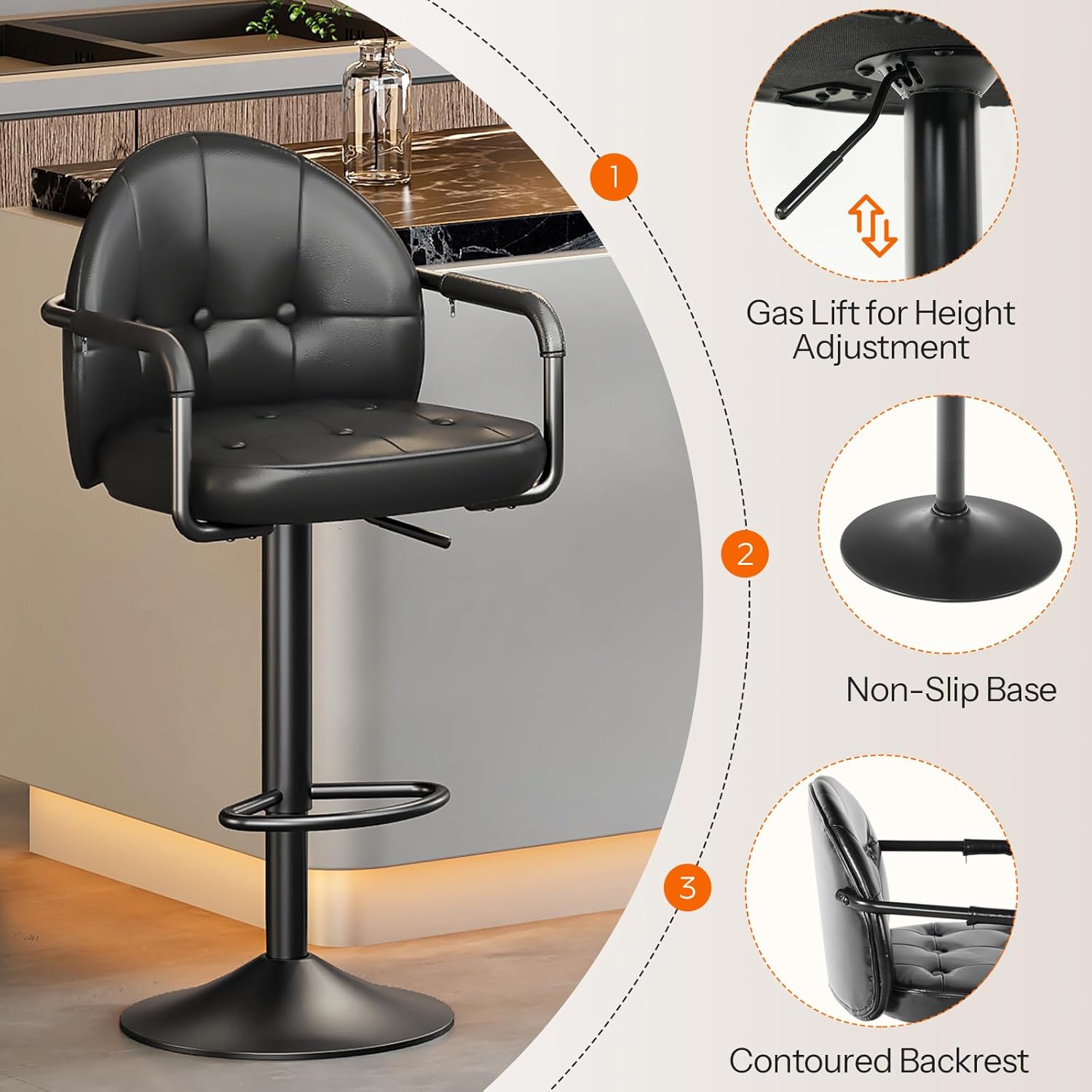 HOOBRO Adjustable Bar Stools, Swivel Bar Stools with Arms and Footrest, PU Upholstered Counter Height Stools, Bar Chairs with Metal Base, for Kitchen, Bar, Living Room, Black BB85BYP201