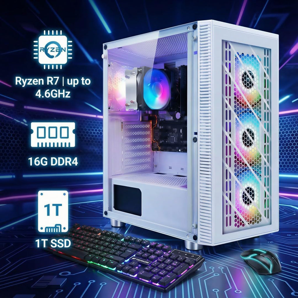 STGAubron RGB PC Computer Desktop, AMD Ryzen 7 5700G up to 4.6G, 16GB DDR4, 1TB SSD, WiFi & BT 5.2, RGB Fan*4, RGB Keyboard & Mouse, Windows 11 Home