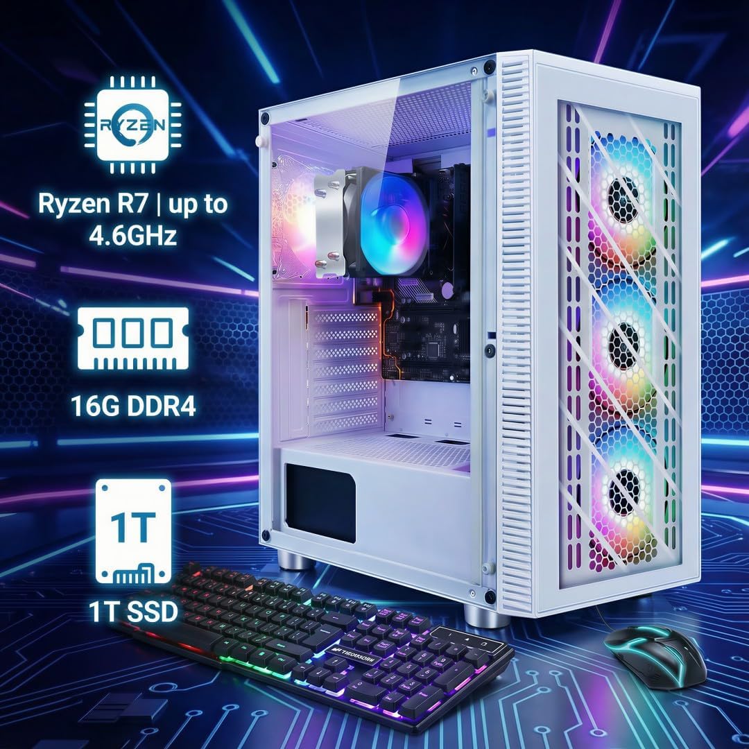 STGAubron RGB PC Computer Desktop, AMD Ryzen 7 5700G up to 4.6G, 16GB DDR4, 1TB SSD, WiFi & BT 5.2, RGB Fan*4, RGB Keyboard & Mouse, Windows 11 Home