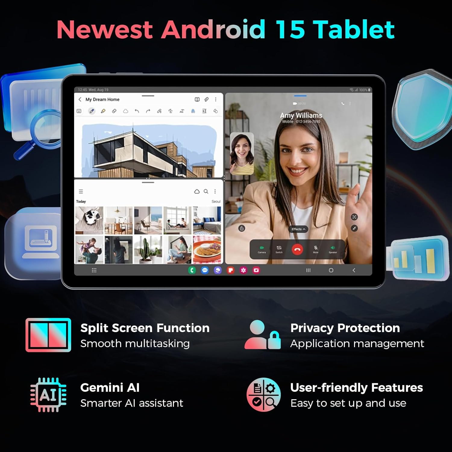 Tablet with Keyboard, 2026 Android 15 tablet with 26GB+256GB+2TB Expand, 10 Inch Tablet PC with 8-Core, Gemini AI, 5G WiFi, 8000mAh, BT5.0, GPS, Electronics Tablets with Case/Mouse/Stylus(Black Case)