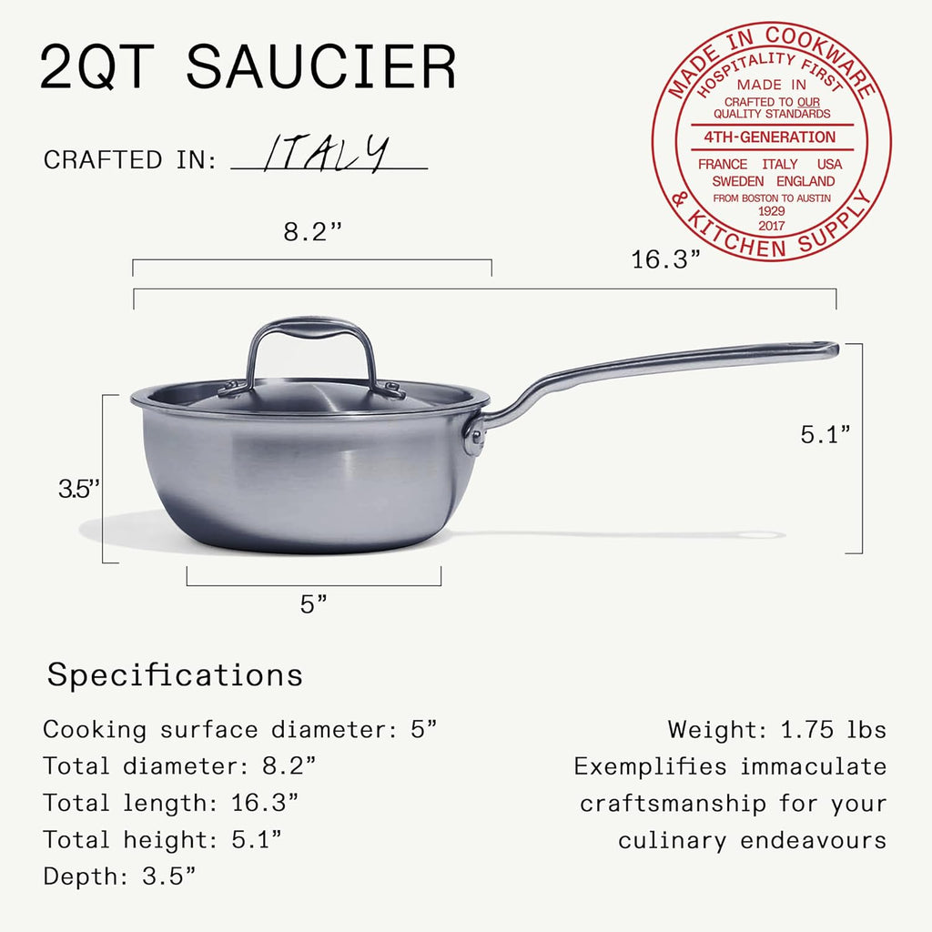 Made In Cookware | 2 Quart Stainless Steel Saucier Pan | 5 Ply Stainless Clad | Professional Cookware | Crafted in Italy | Induction Compatible