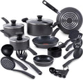 T-fal Initiatives Nonstick Cookware Set 18 Piece, Oven Broiler Safe 350F, Kitchen Cooking Set w/Fry Pans, Saucepans, Stockpots, Skillet, Spoons, Lids Pots and Pans Set, Dishwasher Safe, Stone Grey