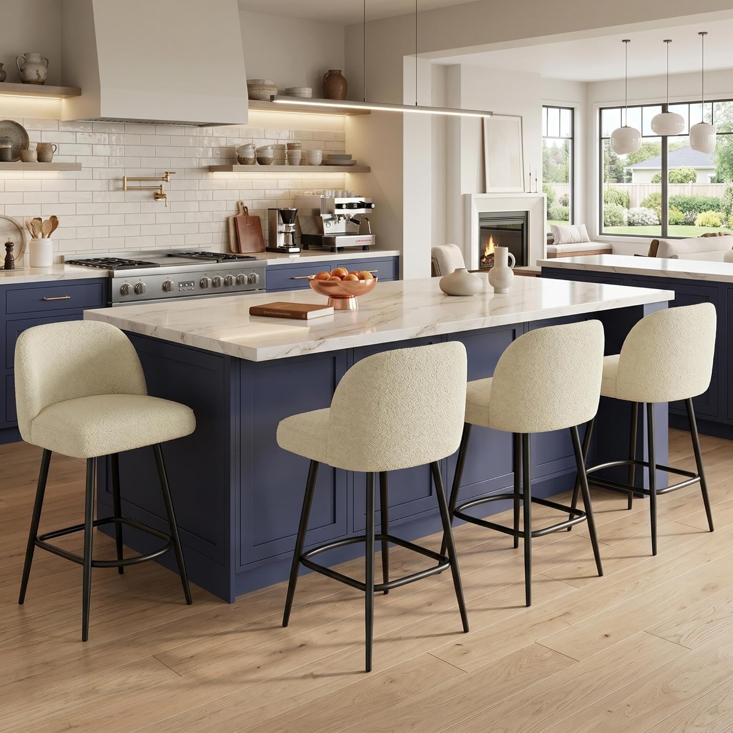 GarveeHome 26" Modern Upholstered Barstools with Backs and Metal Legs, Counter Height Bar Stools Set of 4, Faux Sherpa High Chairs with Arc Metal Footrest for Kitchen Island, Beige