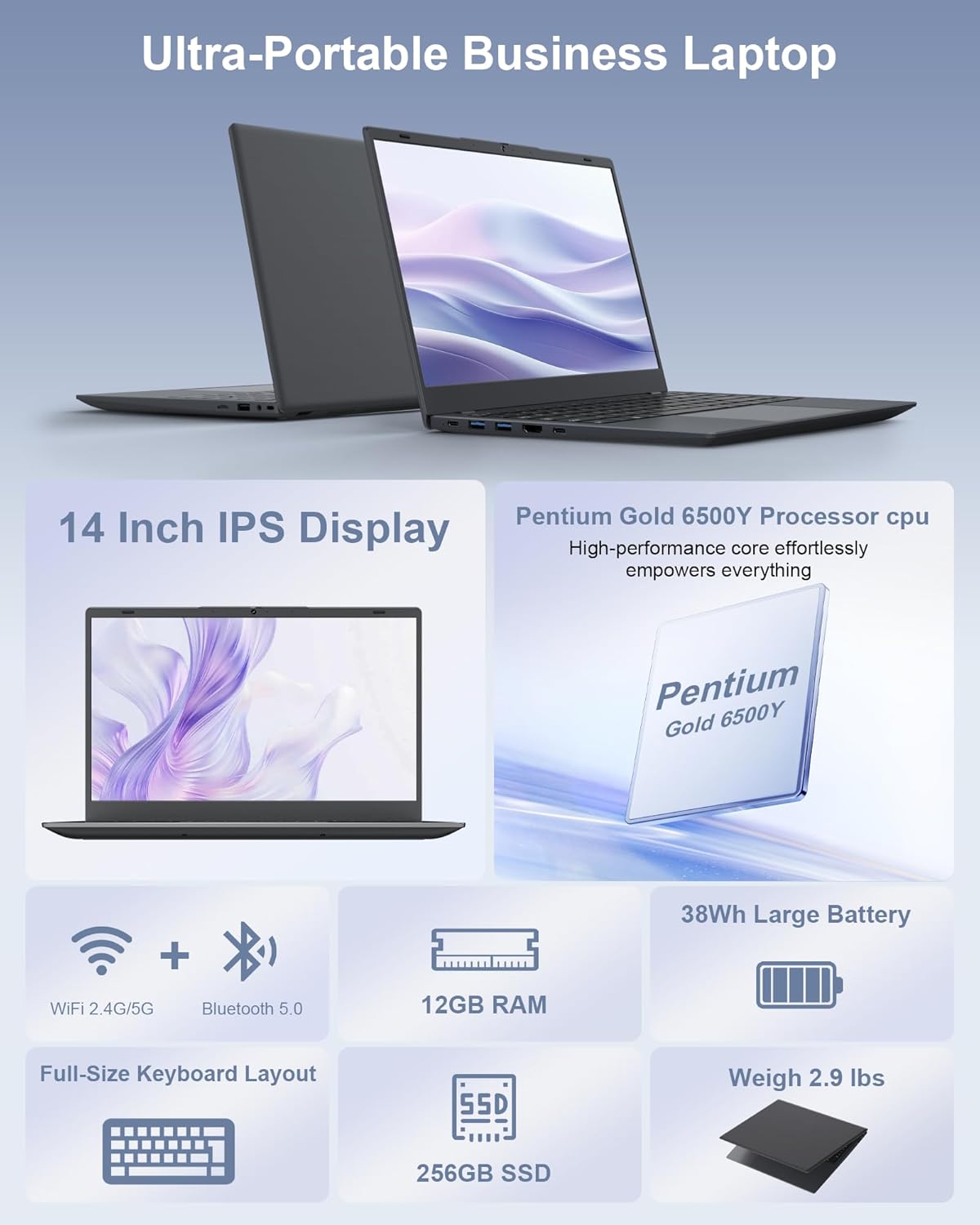 Laptop Computer 14 Inch - 12GB RAM 256GB SSD Laptops, Pentium Gold 6500Y Processor (Up to 3.4GHz), IPS FHD Display, 38WH Battery, Larger Keyboard, HDMI, Type C, PC Laptop for Business and Student