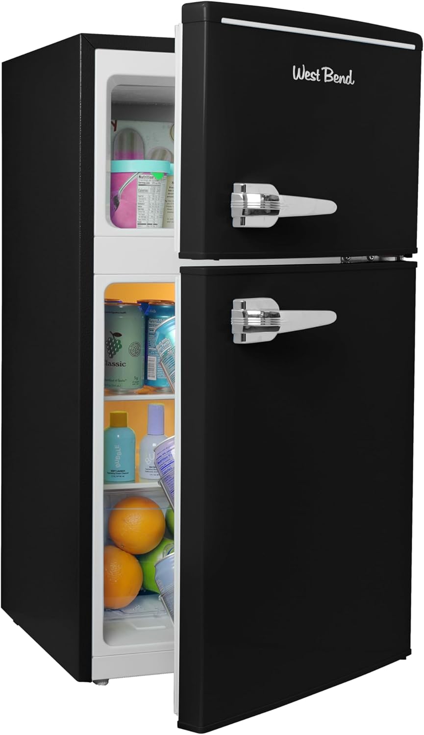 West Bend Mini Fridge with Freezer for Bedroom, Office, Bar or Dorm Room, Retro Compact Refrigerator features Glass Shelves, Manual Defrost and Adjustable Temperature Control, 3.1-Cu.Ft., Black