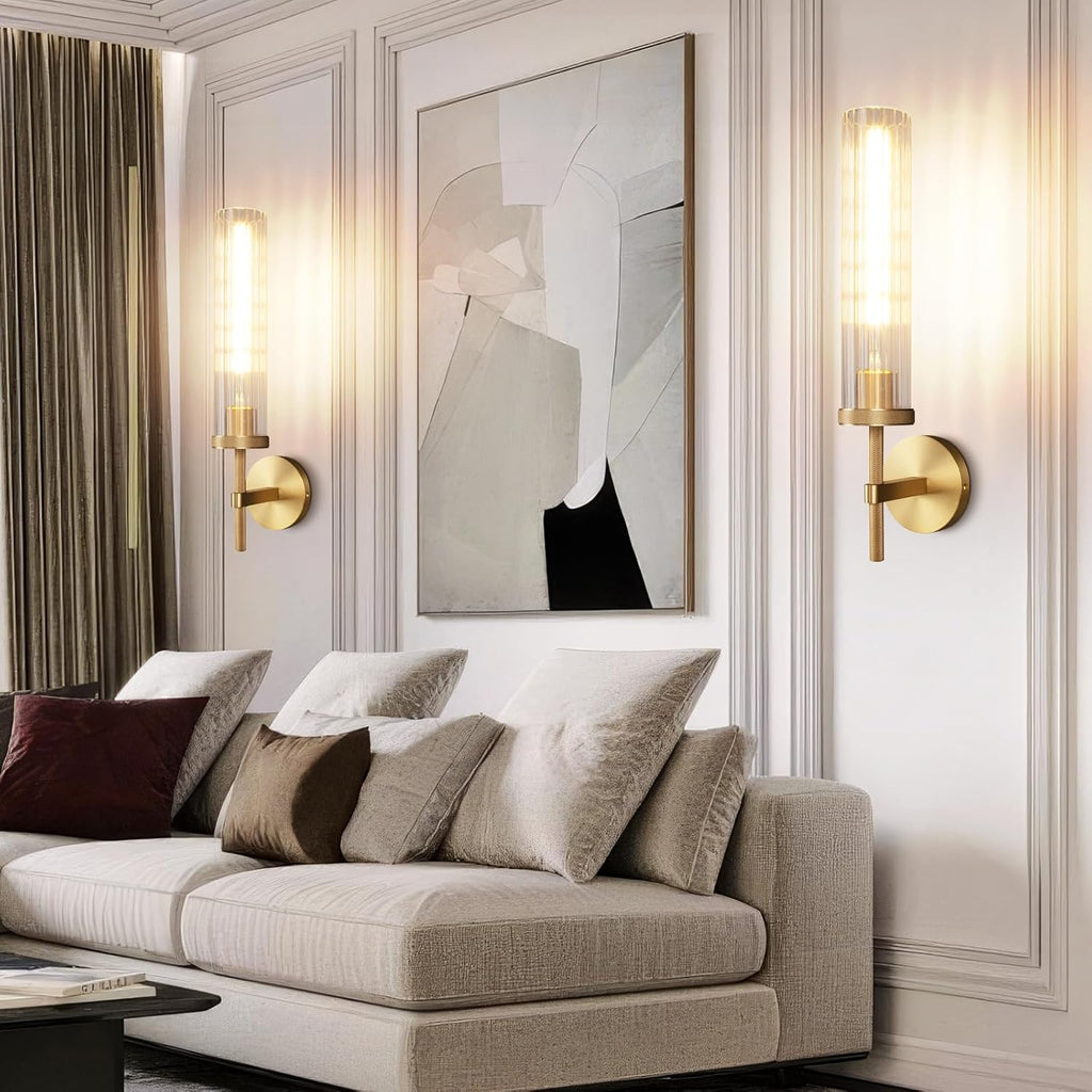 19.5" Knurled Brass Wall Sconces Set of 2, Gold Bathroom Vanity Light Fixtures with Vertical Striped Glass Tube, Modern Lamp Lighting for Bedroom, Living Room, Hallway, Staircase, Mirror, Kitchen