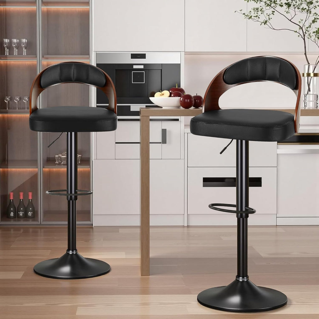 VECELO Bar Stools Set of 2,Counter Height Stools with Bentwood Back&Arm, Swivel Barstools,PU Leather Kitchen Island Stools, Adjustable Height Bar Chairs for Club Pub Dining Room,Black