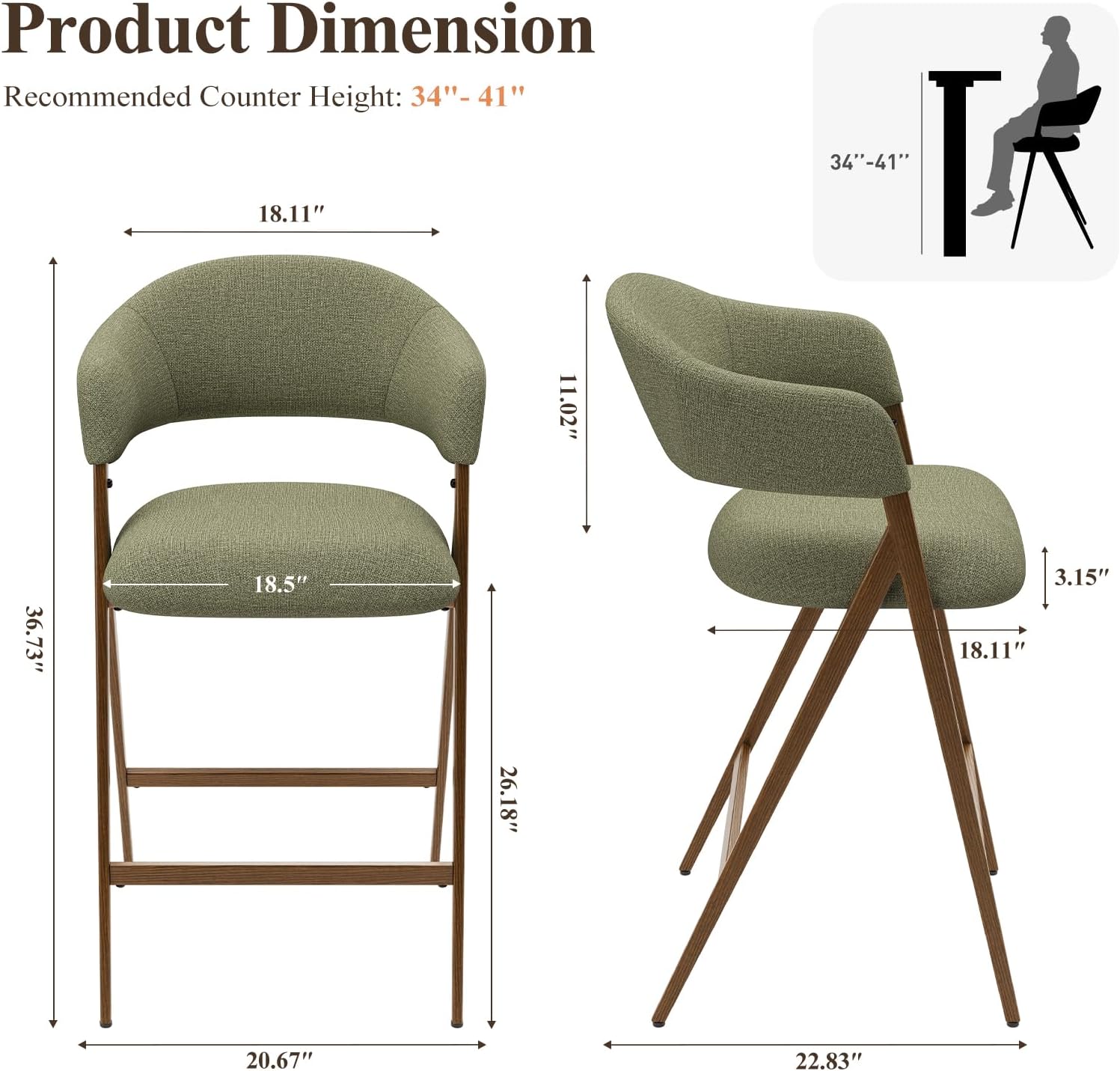 COLAMY Bar Stools Set of 2, 26" Counter Height Barstools with Backs, Modern Upholstered Bar Chairs with Metal Legs for Kitchen Island Counter, Dining Room, Green