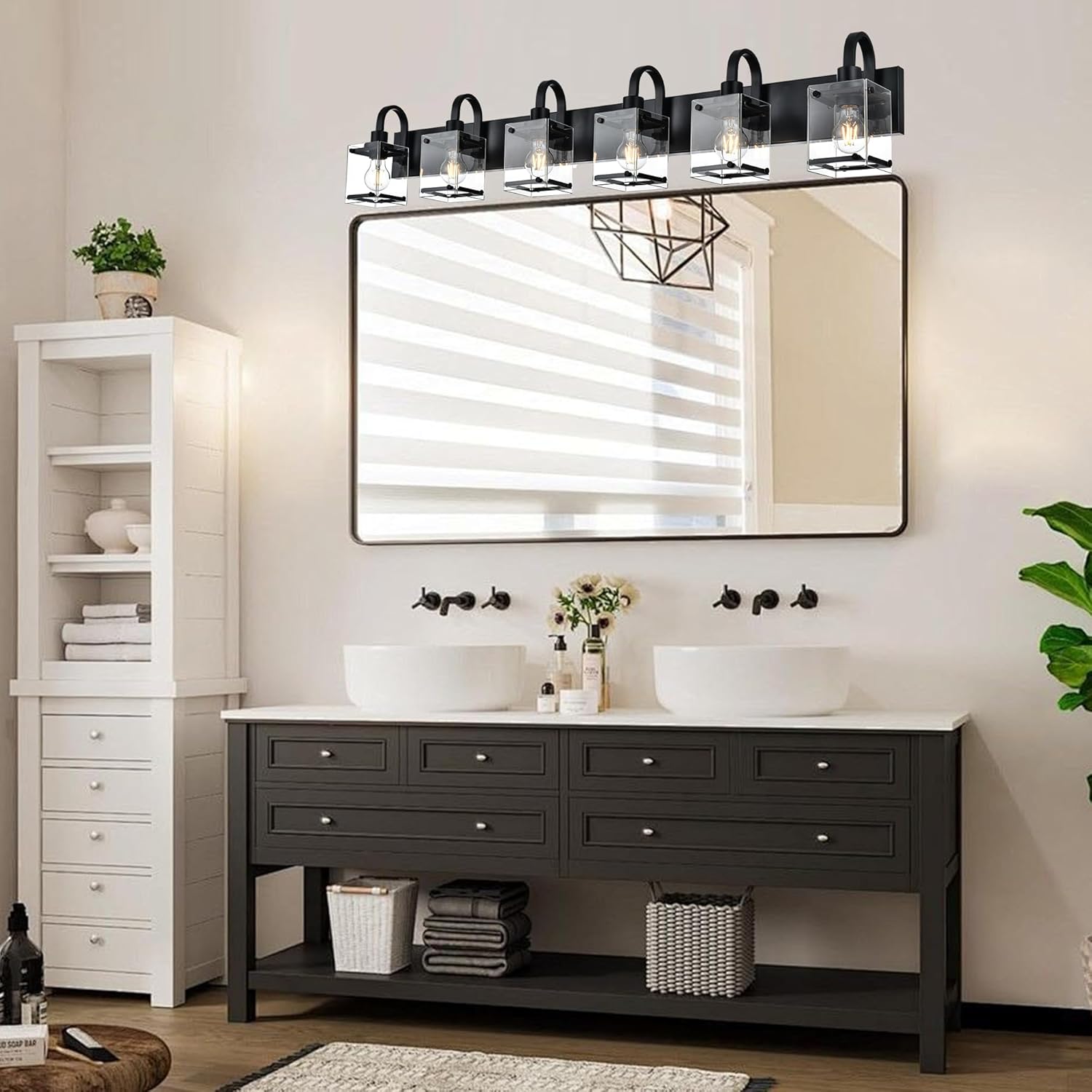 TODOLUZ Modern Vanity Light Fixture Over Mirror,6 Lights Wall Sconce with Clear Glass Shade Bathroom Lighting Black Farmhouse Wall Lamp Bathroom Mirror Kitchen Porch Living Room Workshop