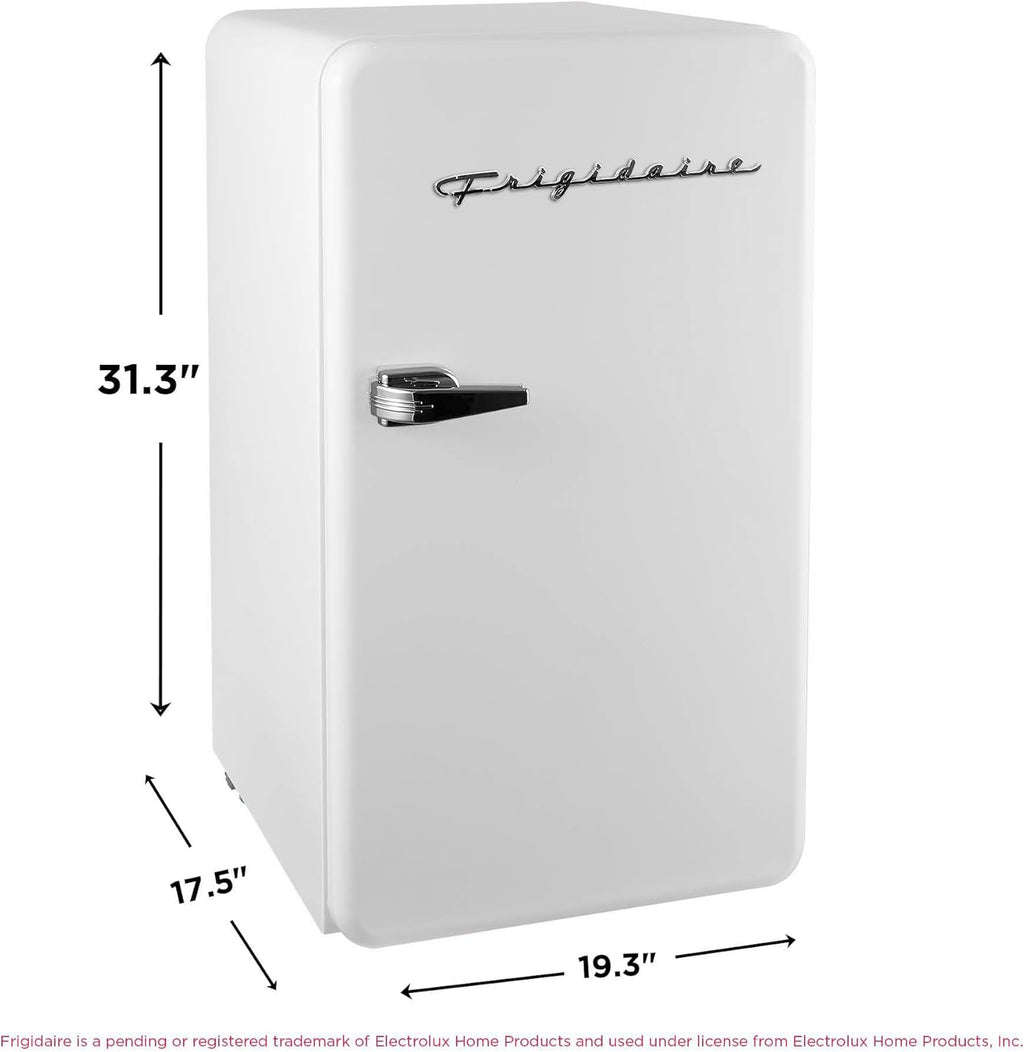 Frigidaire Retro Compact Refrigerator with Chiller, 3.2 cu ft Countertop Fridge, Built-In Bottle Opener, Rounded Corners, Premium, for Office, Bedroom, Dorm Room, Cabin, 18.5D x 20W x 31.5H (White)