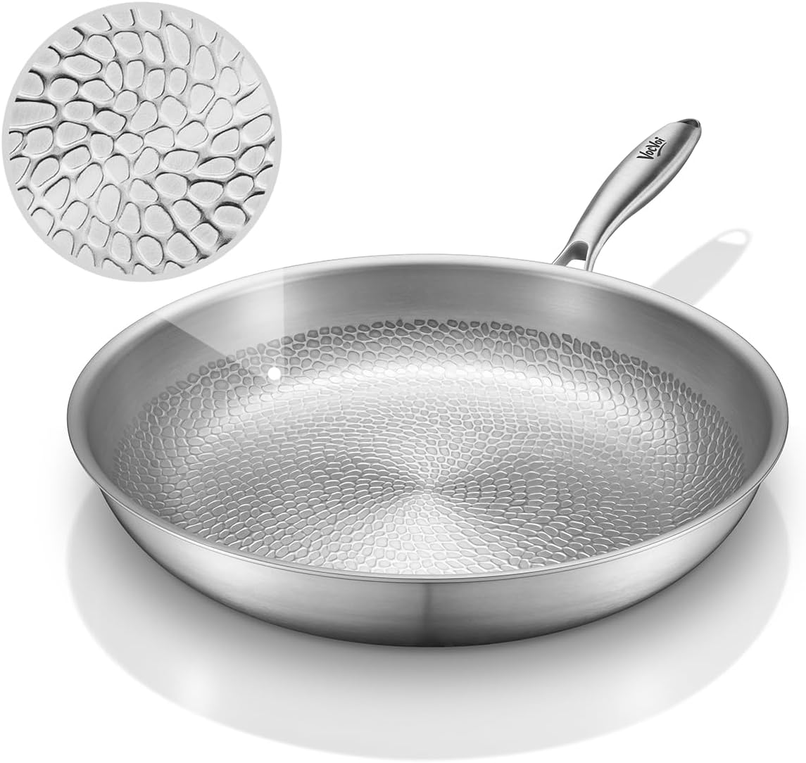 Titanium pans for cooking Non Stick,12" Uncoated Hammered titanium pro frying pan, PFAS Free Cookware, Butter warmer skillet, Induction & Oven-Safe
