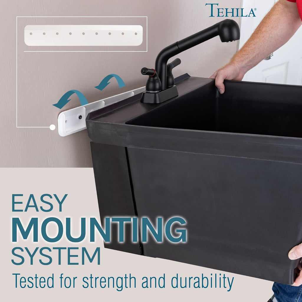 JS Jackson Supplies Tehila Black Wall-Mounted Utility Sink Tub Kit with Matte Black Finish Pullout Faucet, Wall-Mounted Utility Tub with Wall Bracket for Laundry Room, Garage, Workshop