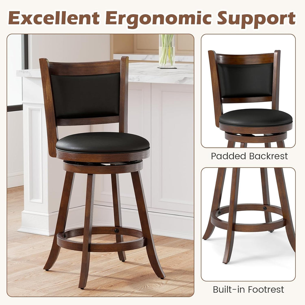 COSTWAY Bar Stools Set of 2, 360 Degree Swivel, Accent Wooden Swivel Seat Counter Height Bar Stool, Leather Upholstered Design, PVC Cushioned Seat, Perfect for Dining and Living Room (Height 24")
