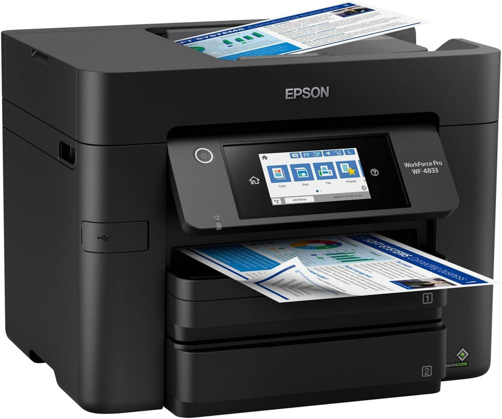 Epson Workforce Pro WF-4833 Wireless All-in-One Color Inkjet Printer, Black - Print Scan Copy Fax - 4.3" LCD, 25 ppm, 4800x2400 dpi, Auto 2-Sided Printing, 50-Sheet ADF, 500-Sheet, Ethernet, DAODYANG