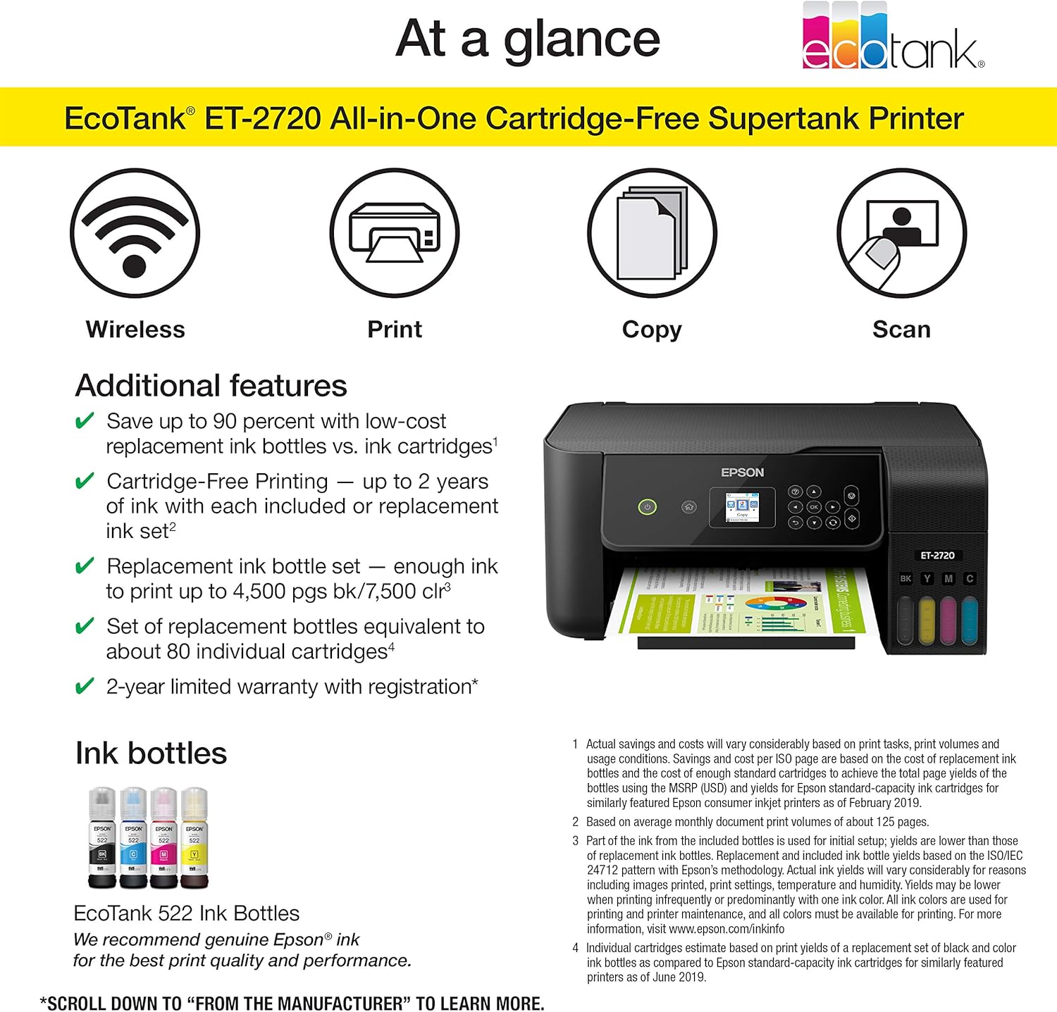 Epson EcoTank ET-2720 Wireless Color All-in-One Supertank Printer with Scanner and Copier - Black