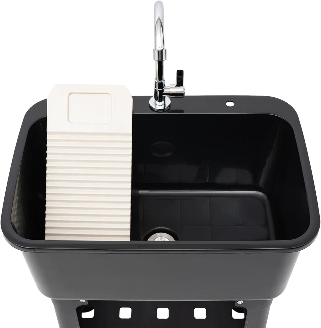 Utility Sink with Faucet for Laundry Room and Garage, Plastic Bathroom Laundry Sink Freestanding Laundry Tub Outdoor Sink Ideal for Workshop, Bathroom, Kitchen, 24" W x 16" D x 30" H (Black)