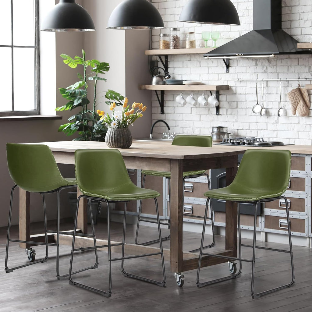 DUMOS Bar Stools Set of 4, 26 Inch Counter Height Faux Leather Barstools with Back, Modern Metal Leg Bar Chairs for Kitchen Island, Dining Pub Table, Home Bar, Green