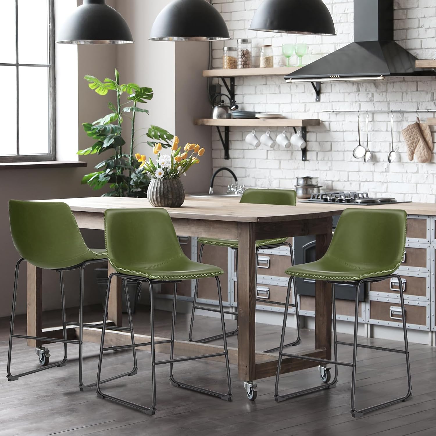 DUMOS Bar Stools Set of 4, 26 Inch Counter Height Faux Leather Barstools with Back, Modern Metal Leg Bar Chairs for Kitchen Island, Dining Pub Table, Home Bar, Green