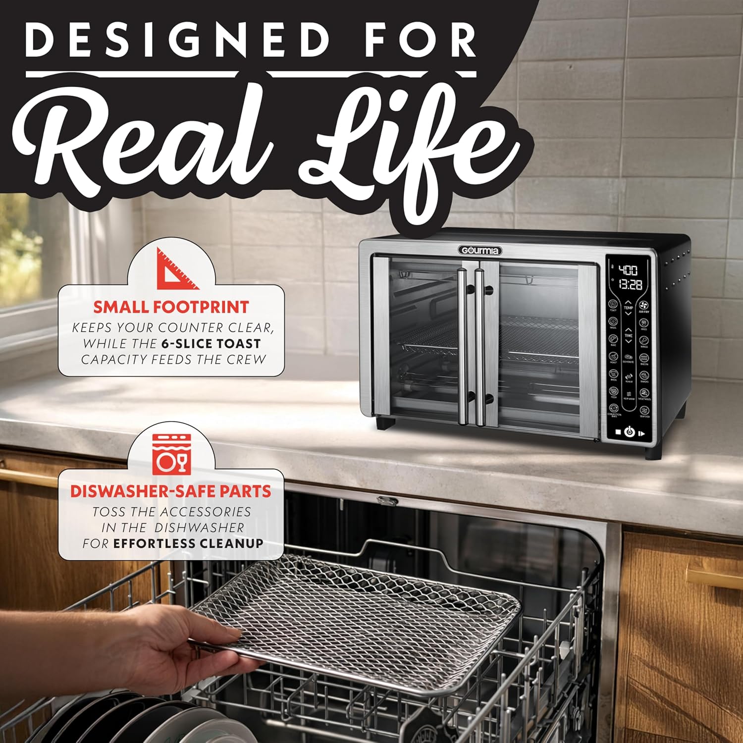 Gourmia French Door Air Fryer Toaster Oven – 6-Slice Capacity, FryForce 360°, Digital Display with 17 Cooking Presets, Stainless Steel