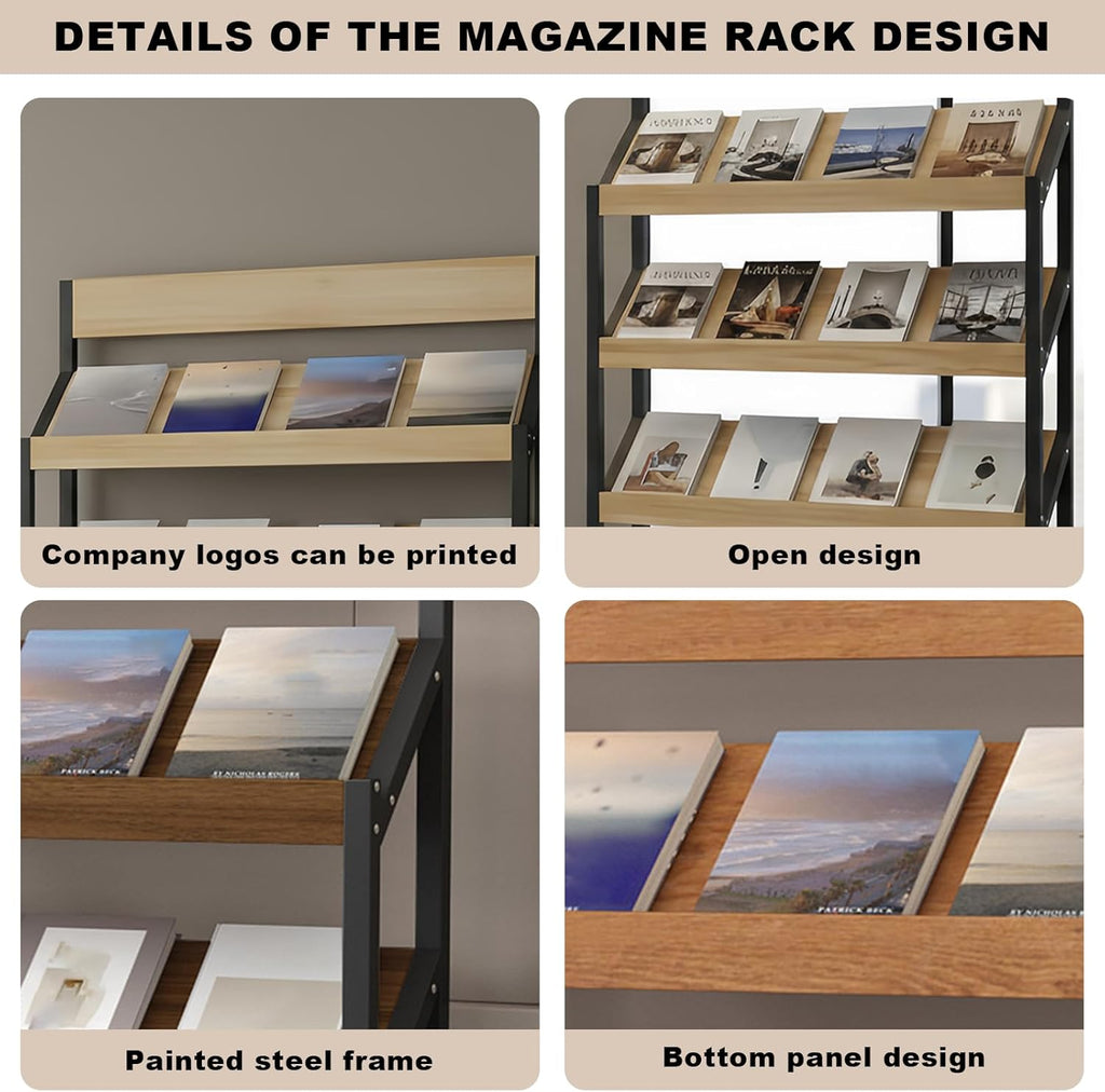 Magazine Rack Floor, 4/5-Tier Floor Magazine Rack, Sturdy Carbon Steel & Wood Literature Display Stand, Space-Saving Vertical Design,Literature Rack for Living Room, Coffee Shop, Office, School