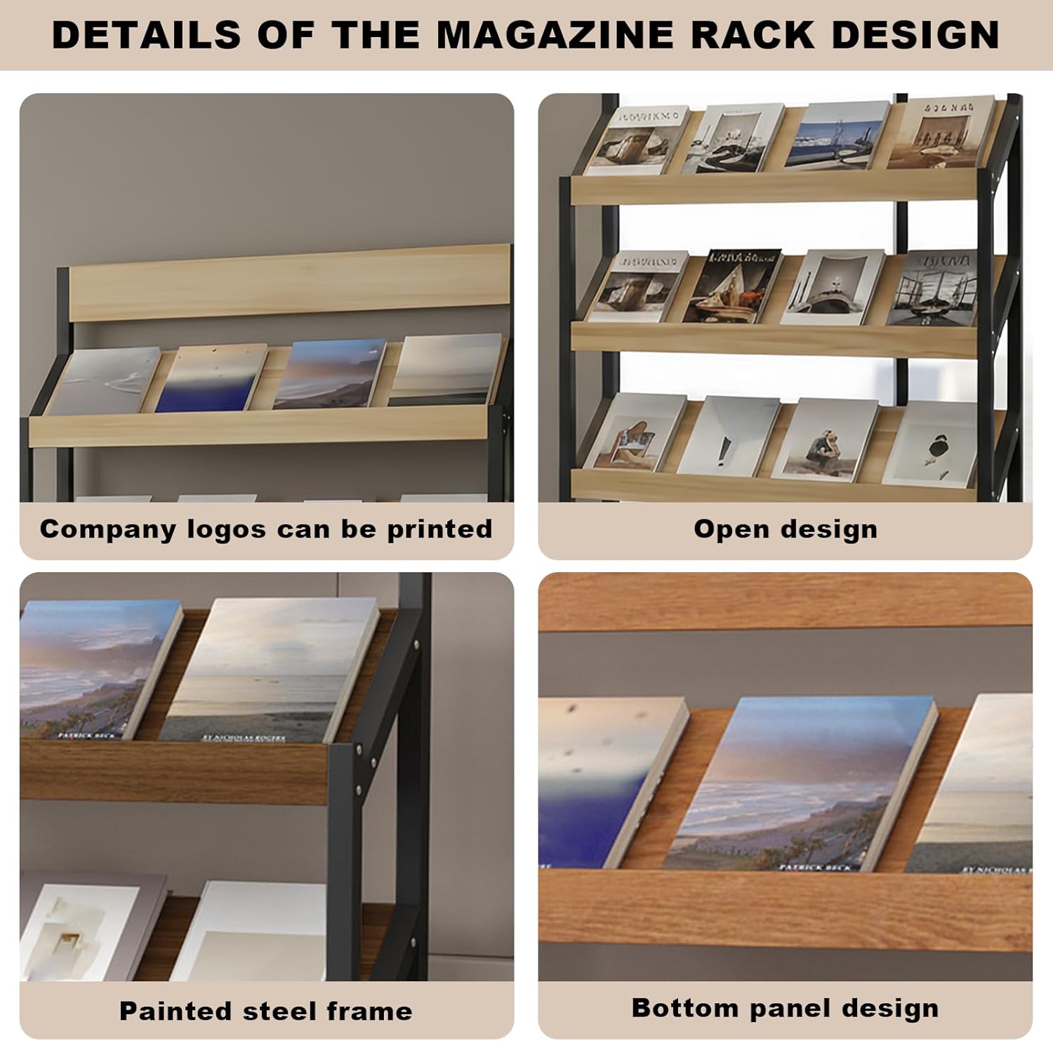 Magazine Rack Floor, 4/5-Tier Floor Magazine Rack, Sturdy Carbon Steel & Wood Literature Display Stand, Space-Saving Vertical Design,Literature Rack for Living Room, Coffee Shop, Office, School