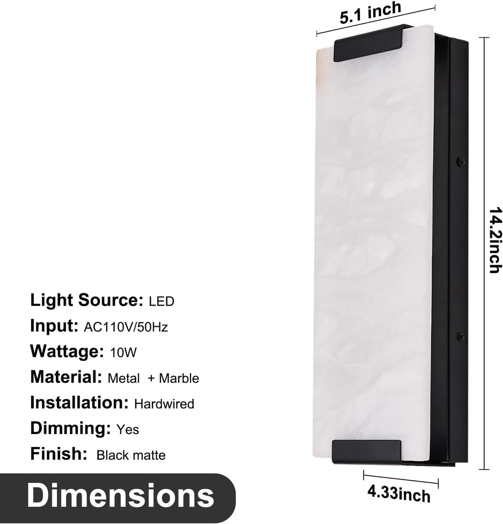 14.2in Alabaster Wall Sconces, Large Natural Marble Wall Sconces Set of Two, LED Modern Wall Lamp for Bedroom, Stairs, Living Room, Vanity, Bedside, Hallway （Black 12W）