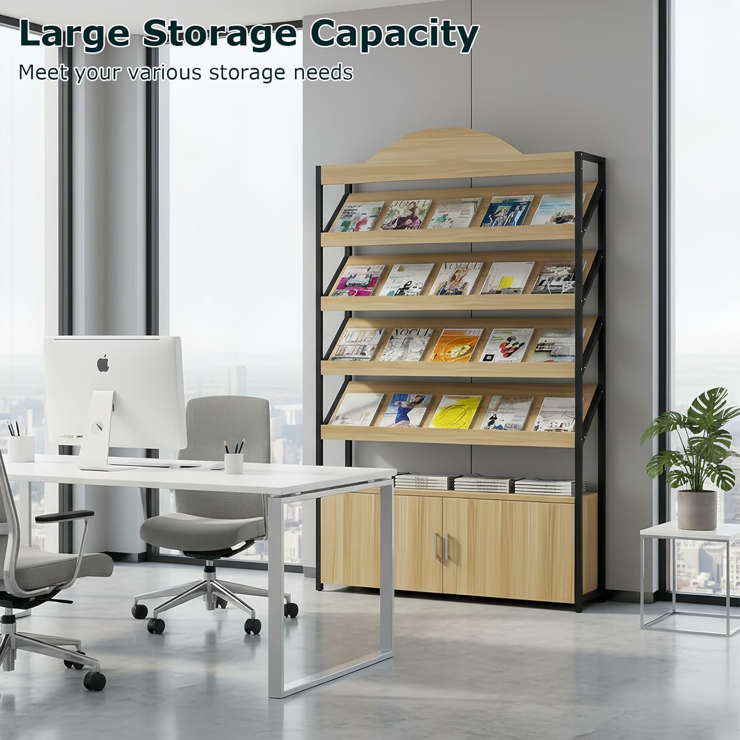 Magazine Rack Floor, 3/4-Tier Floor Magazine Rack with Bottom Storage Cabinet, Sturdy Carbon Steel & Wood Literature Stand, Space-Saving Design for Living Room, Coffee Shop, Office, School