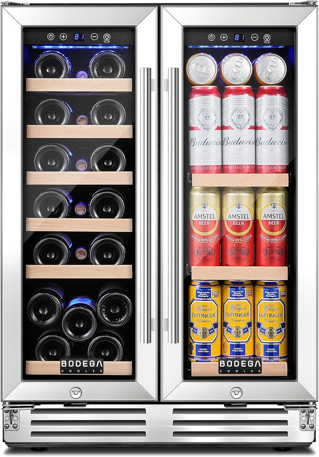 BODEGA COOLER Wine and Beverage Refrigerator, 24 Inch Dual Zone Wine Fridge, Holds 20 Bottles and 74 Count, French Doors, Under-counter or Freestanding Wine Cooler, Beverage Fridge with Tempered Glass