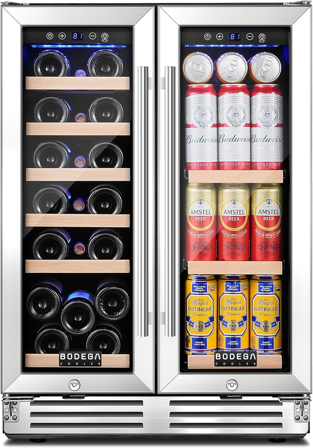 BODEGA COOLER Wine and Beverage Refrigerator, 24 Inch Dual Zone Wine Fridge, Holds 20 Bottles and 74 Count, French Doors, Under-counter or Freestanding Wine Cooler, Beverage Fridge with Tempered Glass