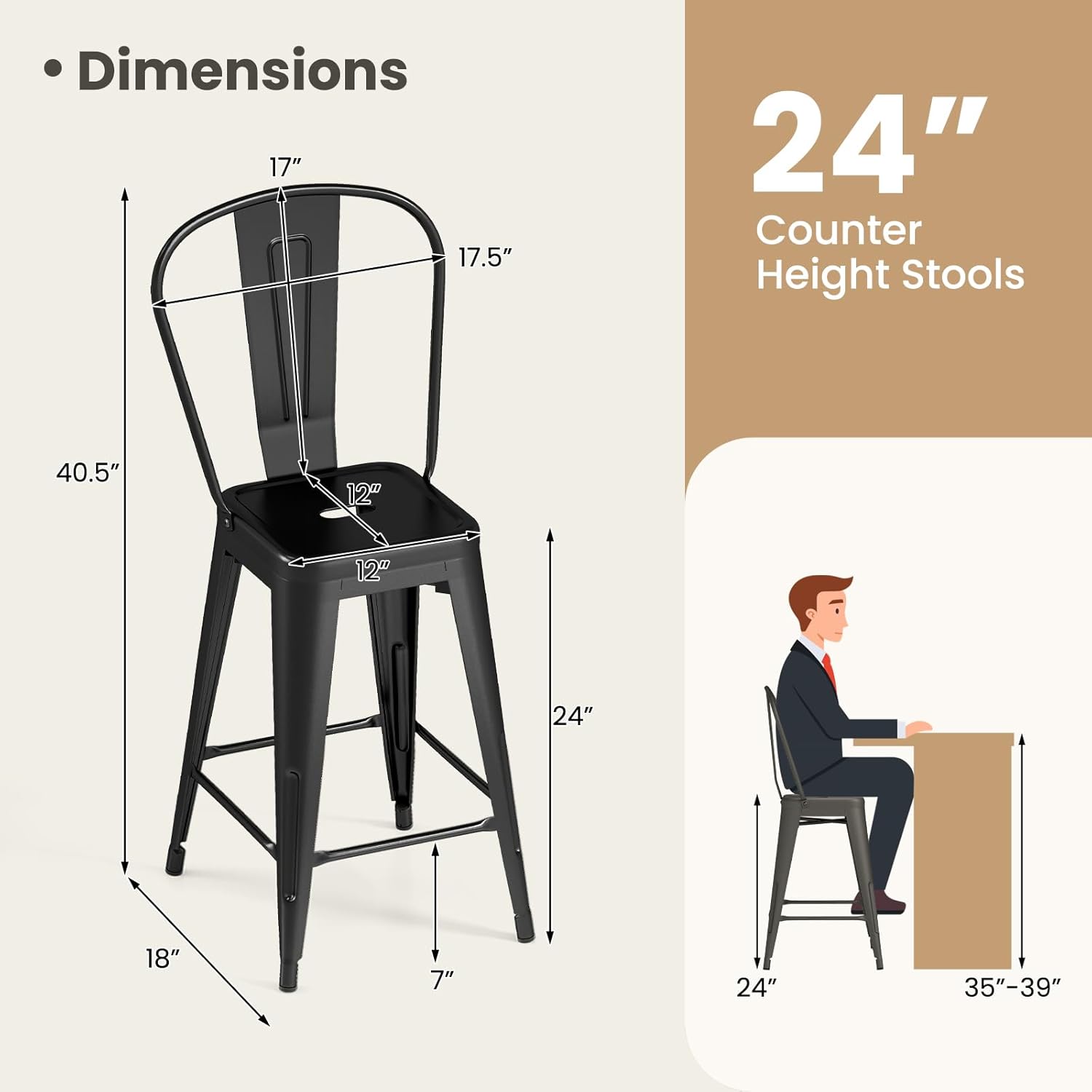 Giantex 24" Metal Bar Stools Set of 4, Counter Height Bar Chairs w/Removable Back & Integrated Footrest, High Back Barstools w/Rubber Foot Pads for Kitchen Dining Rooms, Restaurants, Black