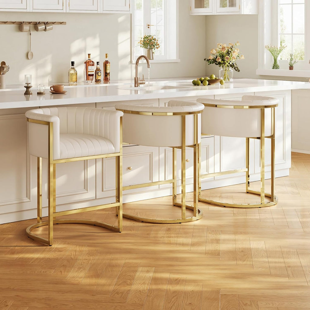 26" H Counter Height Bar Stools Set of 3, Modern Barrel Counter Stools with Backrest and Arms, Faux Leather Upholstered Accent Barstools for Kitchen Island, Gold Metal Frame/Ivory White