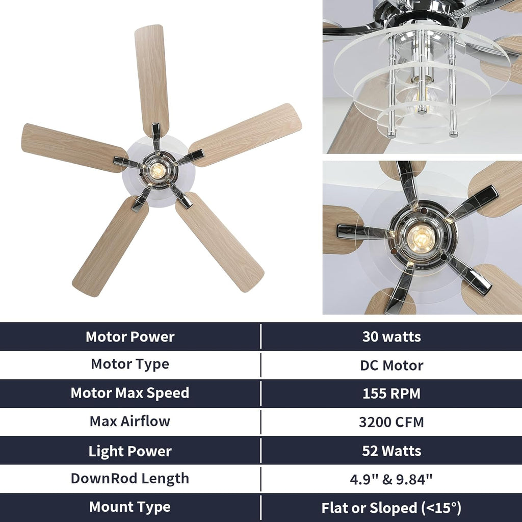 52" Ceiling Fan with Light Modern Chrome Chandelier Fan Reversible DC Motor Quiet Fandelier with 5 Blades for Bedroom, Living Room, Patios, Shop, Ventilador de Techo