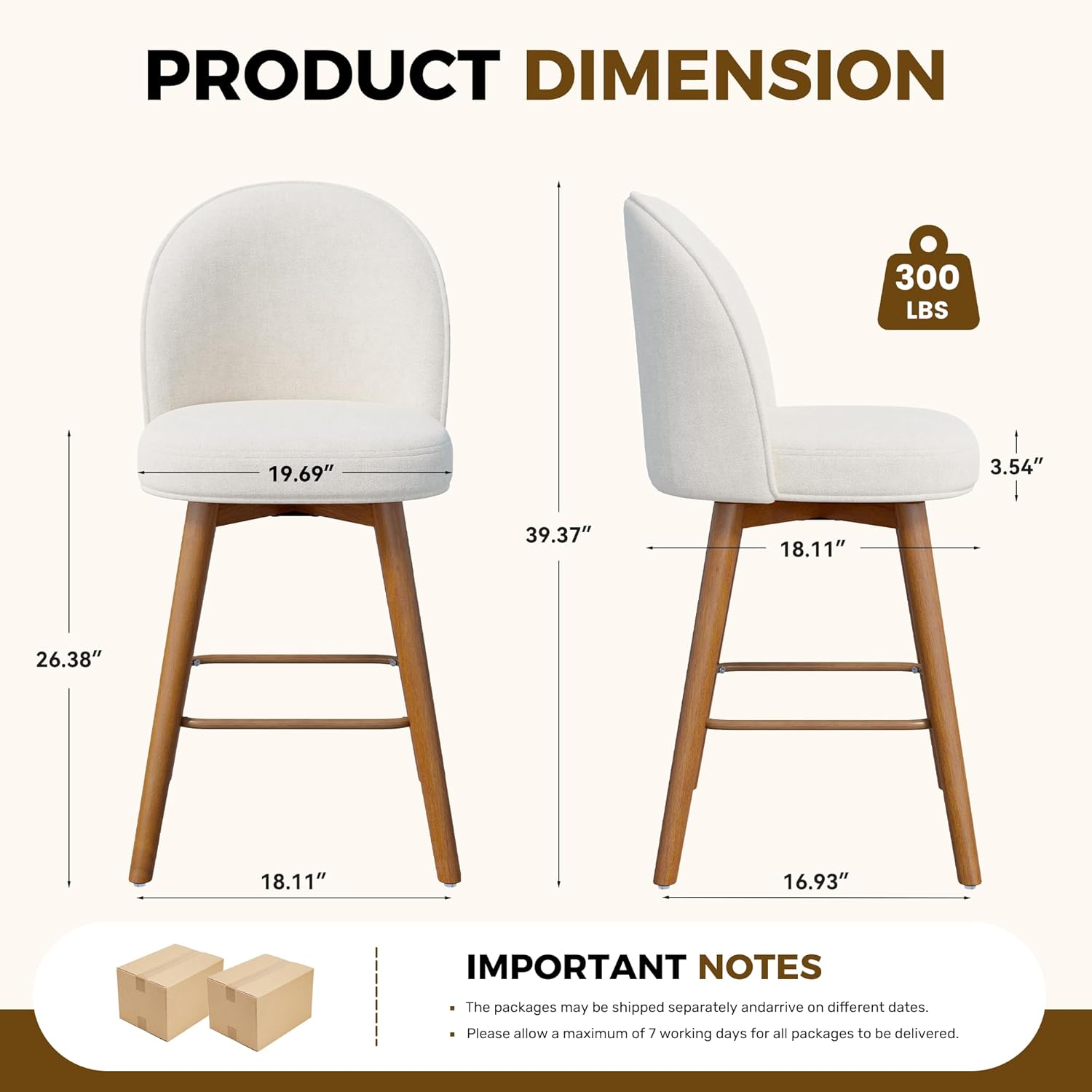 Modern Swivel Bar Stools Set of 3, Chic Upholstered Counter Height（26IN） Bar Chair with Back, Solid Wood Legs and Footrest, Comfortable Chenille Bar Stool for Kitchen Island, Cream Beige